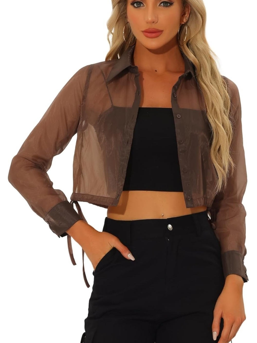 Allegra K Sheer Cropped Button-Front Jacket in Brown
